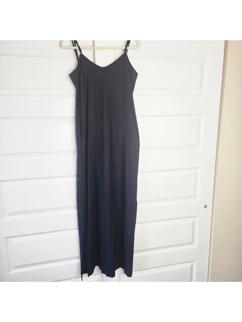 Tropic of Linen Black Linen-Cotton Blend V-Neck Maxi Slip Dress – Size S/M